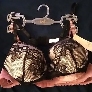 A set of two brand new push up bras, black and pink, lace, floral